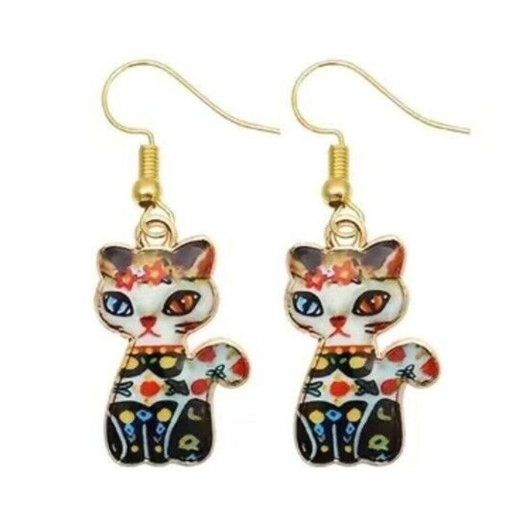 Kitty Cat Floral Enamel Colorful Blue‎ Earrings Dangle Gold NWT